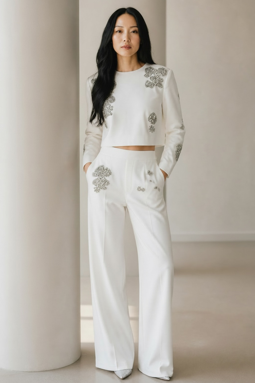 Sierra Darien Diamond Flower Cropped Jacket  and Wide-Leg Trouser Set